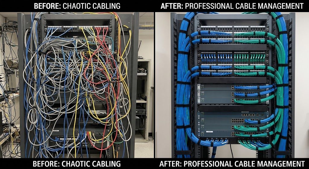 A server rack before and after professional cable management: the before side shows a chaotic tangle of loose gray, red and yellow cables; the after side shows the same rack with blue and green cables run in clean, labeled bundles